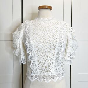 Milly Womens White Floral‎ Lace Round Neck Lined Puff Sleeve Felicity Top Size 2